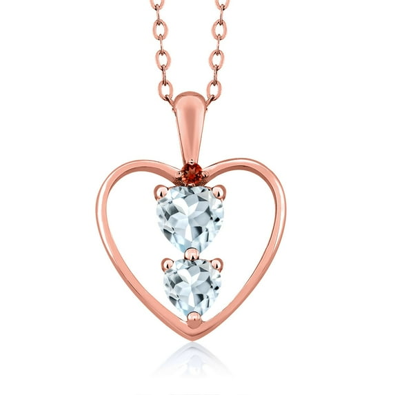 Gem Stone King 18K Rose Gold Plated Silver Sky Blue Aquamarine and Red Garnet Pendant Necklace for Women (0.67 Cttw, Gemstone March Birthstone, Heart 5MM and 4MM, with 18 inch Silver Chain)