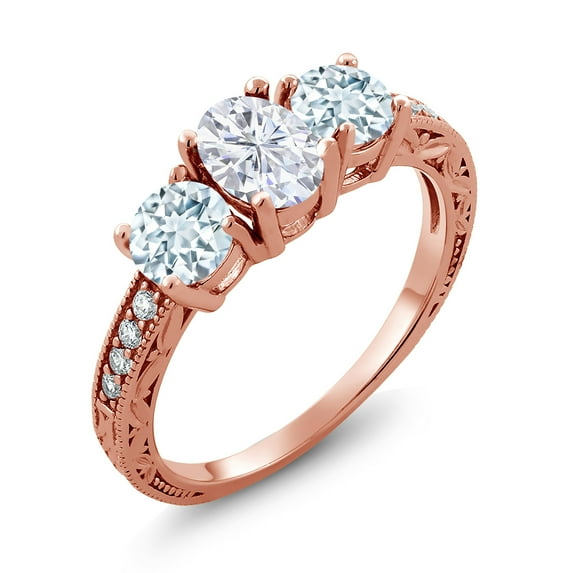 Gem Stone King 18K Rose Gold Plated Silver Sky Blue Aquamarine Ring Set with Moissanite (2.02 Cttw) (Size 7)