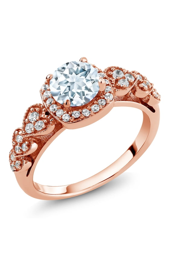 18K Rose Gold Plated Silver Sky Blue Aquamarine Ring for Women (1.07 Cttw, Gemstone Birthstone, Available in Size 5, 6, 7, 8, 9)