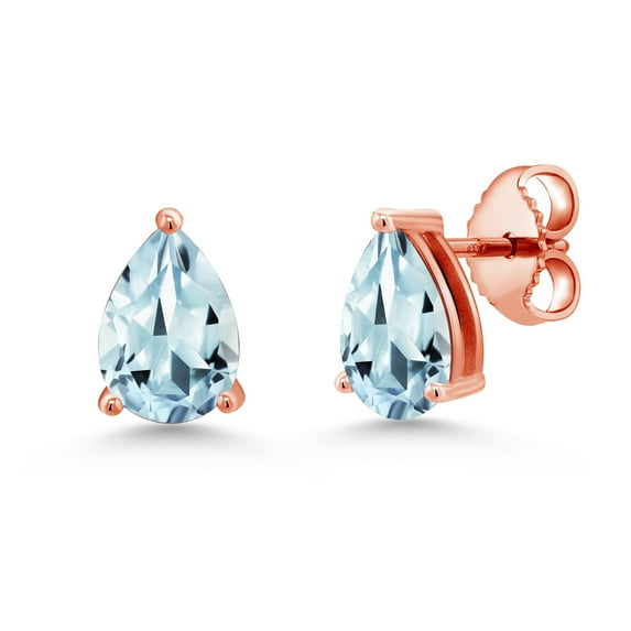 Gem Stone King 18K Rose Gold Plated Silver Sky Blue Aquamarine Stud Earrings for Women Men (1.53 Cttw, Gemstone March Birthstone, Pear Shape 8X5MM)