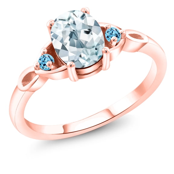 Gem Stone King 18K Rose Gold Plated Silver Sky Blue Aquamarine and Swiss Blue Topaz 3-Stone Rings for Women (1.26 Cttw, Gemstone March Birthstone, Oval 8X6MM, Size 5)