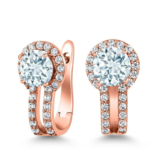 Gem Stone King 18K Rose Gold Plated Silver Sky Blue Aquamarine and White Created Sapphire Earrings for Women (1.50 Cttw, Gemstone March Birthstone, Round 5MM)