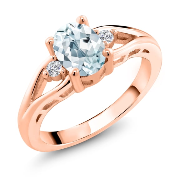 Gem Stone King 18K Rose Gold Plated Silver Sky Blue Aquamarine and White Lab Grown Diamond 3 Stone Engagement Ring for Women | 1.28 Cttw | Oval 8X6MM | Round 2MM | Gemstone March Birthstone | Size 9