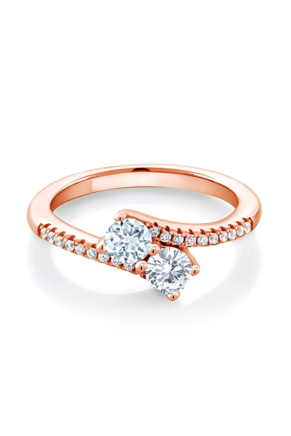 18K Rose Gold Plated Silver Sky Blue Aquamarine and White Moissanite Bypass Ring for Women (0.72 Cttw, Gemstone March Birthstone, Round 4MM, Size 5)