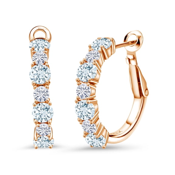 Gem Stone King 18K Rose Gold Plated Silver Sky Blue Aquamarine and White Moissanite Hoop Earrings for Women (2.60 Cttw, Gemstone March Birthstone, Round 4MM and 3MM)