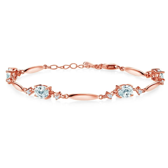 Gem Stone King 18K Rose Gold Plated Silver Sky Blue Aquamarine and White Zirconia Tennis Bracelet for Women | 3.24 Cttw | Gemstone March Birthstone | Oval 7X5MM | 6 inch + 1 inch Extender