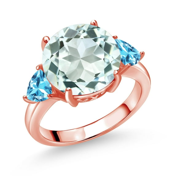 Gem Stone King 18K Rose Gold Plated Silver Sky Blue Simulated Aquamarine and Swiss Blue Topaz 3-Stone Ring for Women (7.86 Cttw, Round 12MM, Trillion 5MM, Size 8)