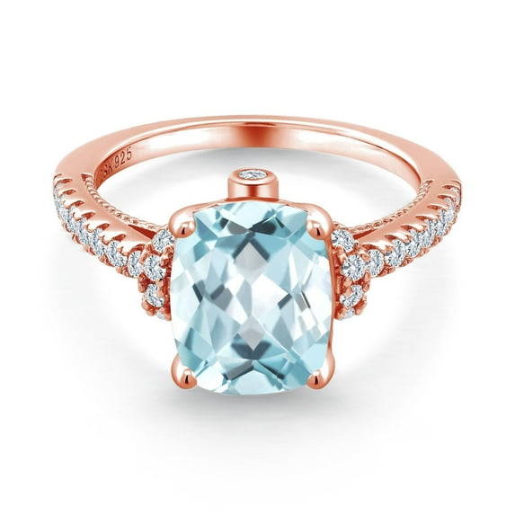 Gem Stone King 18K Rose Gold Plated Silver Sky Blue Simulated Aquamarine and White Created Sapphire Ring for Women (3.11 Cttw, Gemstone Birthstone, Size 6)