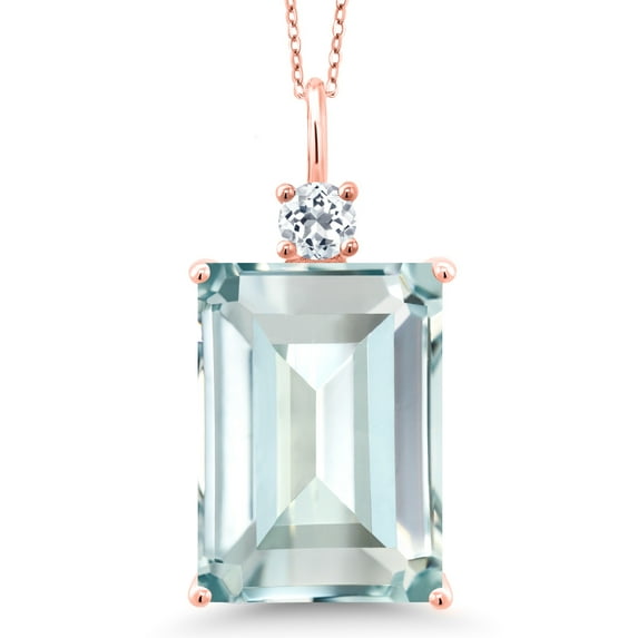 Gem Stone King 18K Rose Gold Plated Silver Sky Blue Simulated Aquamarine and White Topaz Pendant Necklace for Women (16.13 Cttw, Emerald Cut 18X13MM, With 18 inch Silver Chain)