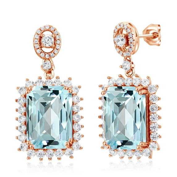 Gem Stone King 18K Rose Gold Plated Silver Sky Blue Topaz Dangle Earrings for Women (17.20 Cttw, Gemstone November Birthstone, Octagon Checkerboard 14X10MM)