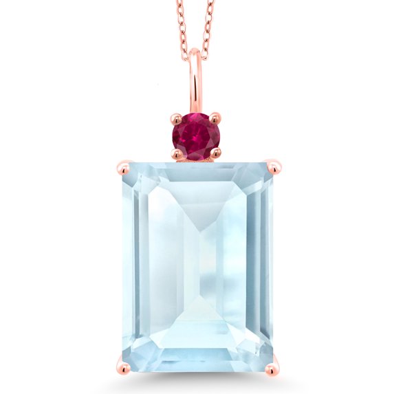Gem Stone King 18K Rose Gold Plated Silver Sky Blue Topaz and Red Created Ruby Pendant Necklace for Women (20.25 Cttw, Emerald Cut 18X13MM, With 18 inch Silver Chain)