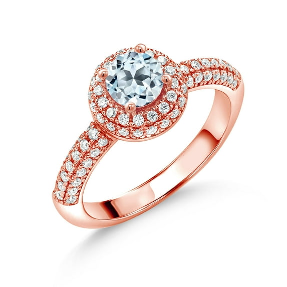 Gem Stone King 18K Rose Gold Plated Silver Sky Blue Topaz and White Moissanite Engagement Ring for Women (1.26 Cttw, Round 5MM, Available in Size 5, 6, 7, 8, 9)