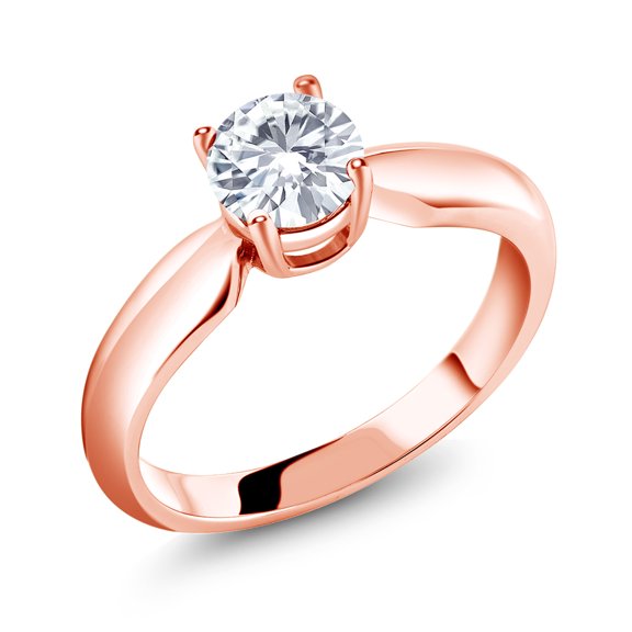 Gem Stone King 18K Rose Gold Plated Silver Solitaire Ring Round Moissanite 0.80cttw (Size 5)