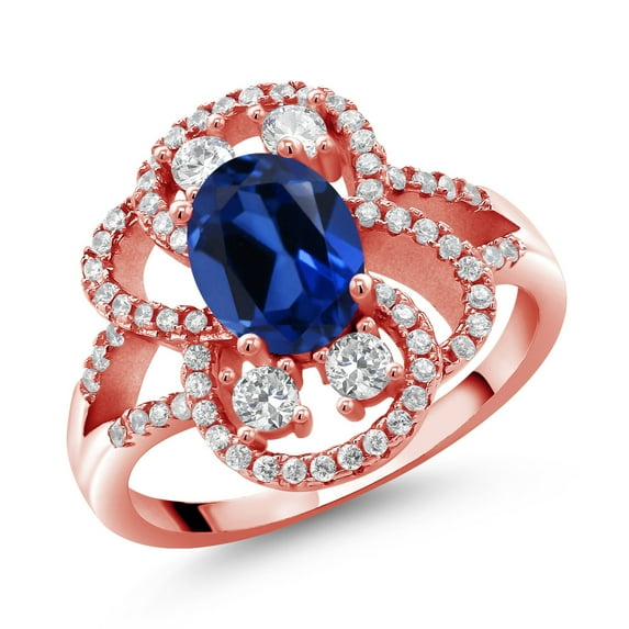 Gem Stone King 18K Rose Gold Plated Silver Statement Ring Set with Oval Blue Created Sapphire (3.12 cttw) (Size 5)