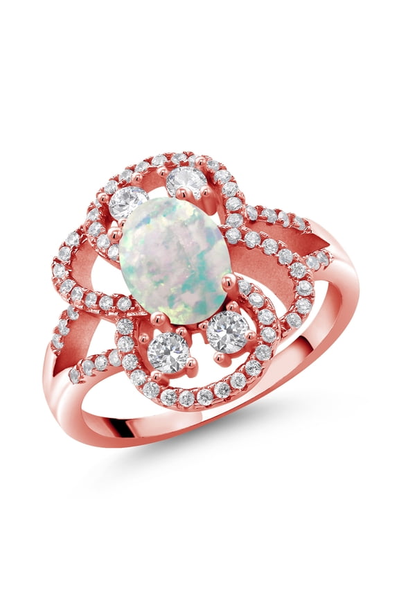 18K Rose Gold Plated Silver Statement Ring Set with Oval Cabochon White Simulated Opal (1.82 cttw) (Size 5)