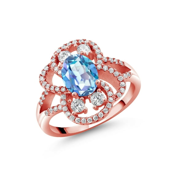 Gem Stone King 18K Rose Gold Plated Silver Statement Ring Set with Oval Millennium Blue Mystic Quartz (2.62 cttw)