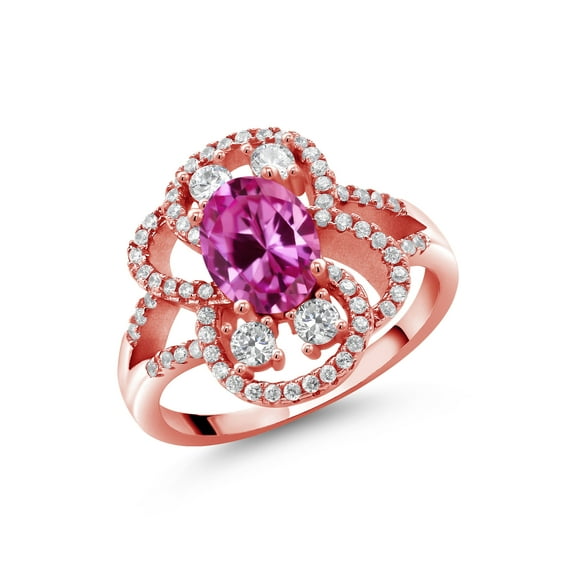 Gem Stone King 18K Rose Gold Plated Silver Statement Ring Set with Oval Pink Created Sapphire (1.82 cttw)