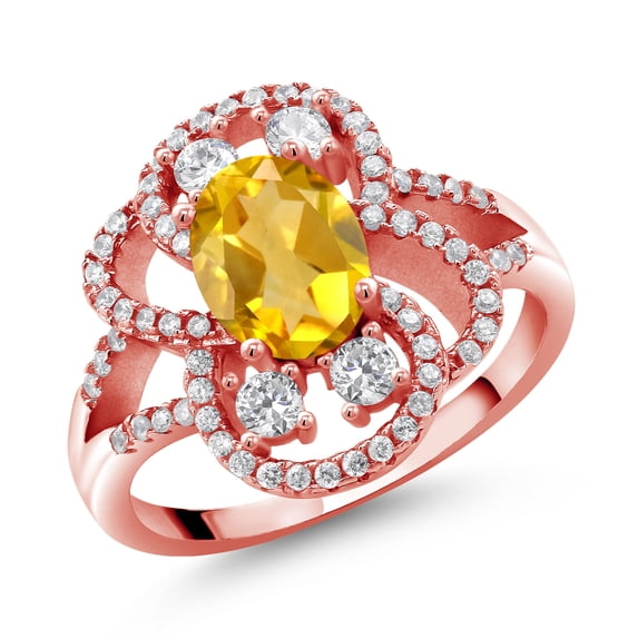 Gem Stone King 18K Rose Gold Plated Silver Statement Ring Set with Oval Yellow Citrine (2.32 cttw) (Size 5)