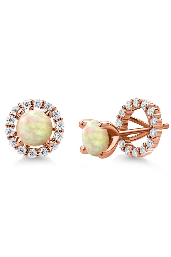 18K Rose Gold Plated Silver Stud Earrings Cabochon Ethiopian Opal Moissanite (1.54 Cttw)