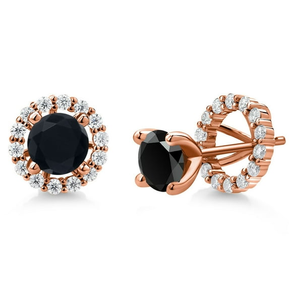 Gem Stone King 18K Rose Gold Plated Silver Stud Earrings Round Onyx Moissanite (2.02 Cttw)