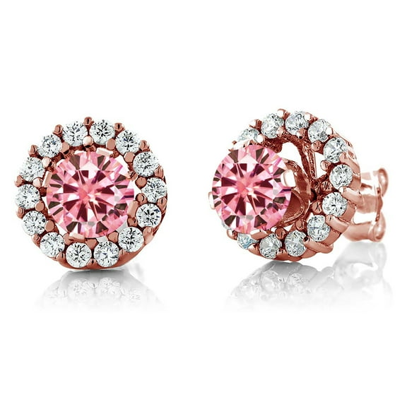 Gem Stone King 18K Rose Gold Plated Silver Stud Earrings Round Pink Moissanite and 1.39cttw