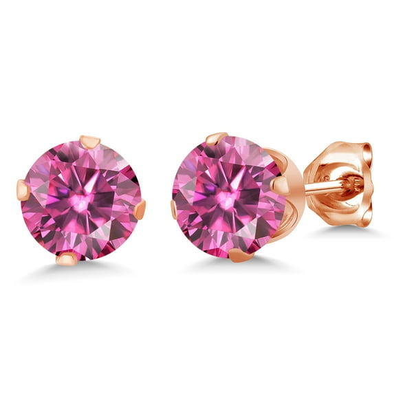 Gem Stone King 18K Rose Gold Plated Silver Stud Earrings for Women Men Pink Round Moissanite (1.60 Cttw)