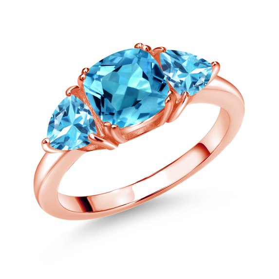 Gem Stone King 18K Rose Gold Plated Silver Swiss Blue Topaz 3 Stone Engagement Ring for Women (3.01 Cttw, Gemstone November Birthstone, Available in Size 5, 6, 7, 8, 9)