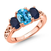 Gem Stone King 18K Rose Gold Plated Silver Swiss Blue Topaz and Blue Sapphire Filigree Style 3 Stone Ring for Women (2.61 Cttw, Oval 8X6MM and 6X4MM) (Size 5)
