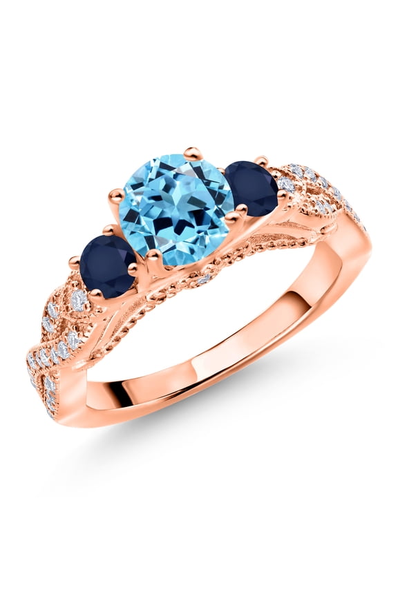 18K Rose Gold Plated Silver Swiss Blue Topaz Blue Sapphire and White Moissanite Engagement Ring for Women (1.57 Cttw, Gemstone November Birthstone, Round 6MM and 3MM, Size 7)
