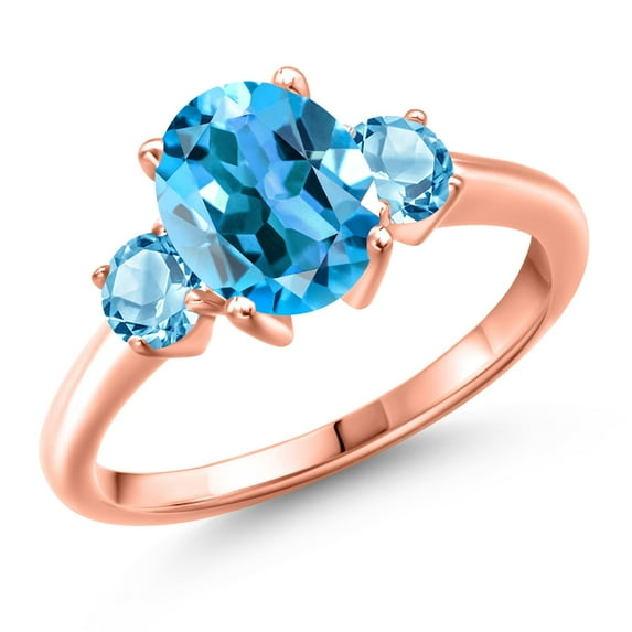 Gem Stone King 18K Rose Gold Plated Silver Swiss Blue Topaz Engagement Ring for Women | 2.96 Cttw | Oval 9X7MM | Gemstone November Birthstone | Size 7