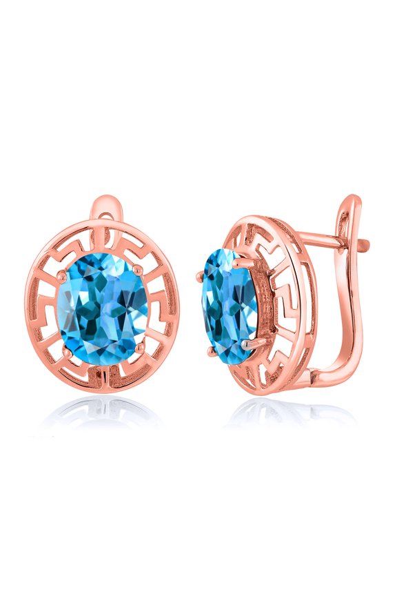 18K Rose Gold Plated Silver Swiss Blue Topaz Greek Key Earrings for Women (6.40 Cttw, Gemstone November Birthstone, Oval 10X8MM)