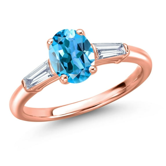 Gem Stone King 18K Rose Gold Plated Silver Swiss Blue Topaz and Lab Grown Diamond Engagement Ring for Women | 1.80 Cttw | Oval 8X6MM | Gemstone November Birthstone | Size 9