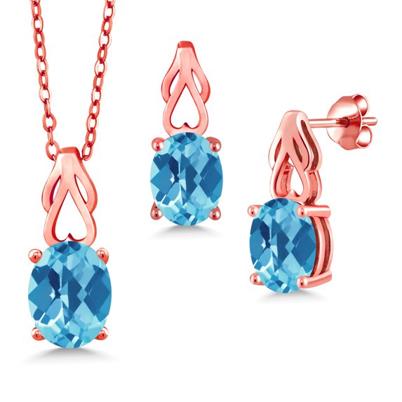 Gem Stone King 18K Rose Gold Plated Silver Swiss Blue Topaz Pendant and Earrings Jewelry Set for Women | 6.75 Cttw | Oval 9X7 | Gemstone November Birthstone | with 18 inch Chain