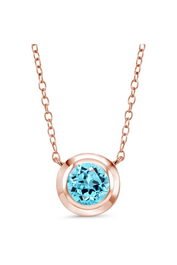 18K Rose Gold Plated Silver Swiss Blue Topaz Pendant Necklace for Women (1.20 Cttw, Round 6.5MM, with 18 inch Silver Chain)