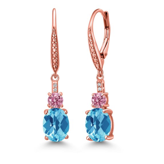 Gem Stone King 18K Rose Gold Plated Silver Swiss Blue Topaz and Pink and White Lab Grown Diamond Dangle Earrings for Women (5.03 Cttw, Oval Checkerboard 9X7MM)