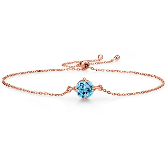 Gem Stone King 18K Rose Gold Plated Silver Swiss Blue Topaz Solitaire Bracelet for Women (1.00 Cttw, Round Cut 6MM)