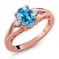 thumbnail image 1 of Gem Stone King 18K Rose Gold Plated Silver Swiss Blue Topaz and White Lab Grown Diamond 3 Stone Engagement Ring for Women | 1.58 Cttw | Oval 8X6MM | Round 2MM | Gemstone November Birthstone | Size 6, 1 of 4