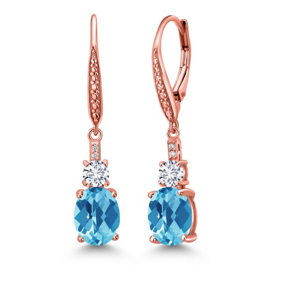 Gem Stone King 18K Rose Gold Plated Silver Swiss Blue Topaz and White Lab Grown Diamond Dangle Earrings for Women (5.07 Cttw, Oval Checkerboard 9X7MM)