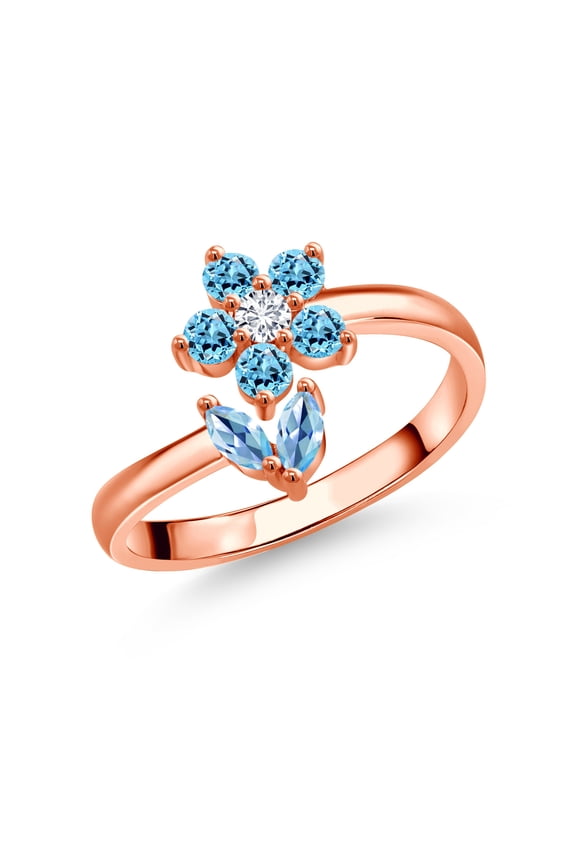 18K Rose Gold Plated Silver Swiss Blue Topaz and White Lab Grown Diamond Flower Open Ring for Women (0.64 Cttw, Gemstone November Birthstone, Size 6)