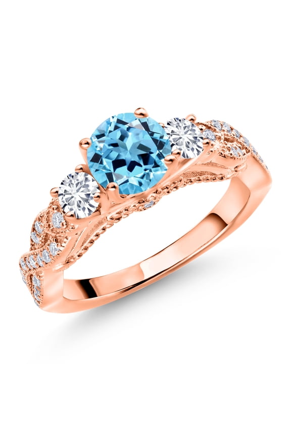 18K Rose Gold Plated Silver Swiss Blue Topaz White Lab Grown Diamond and White Moissanite Engagement Ring for Women (1.47 Cttw, Gemstone November Birthstone, Round 6MM and 3MM, Size 8)