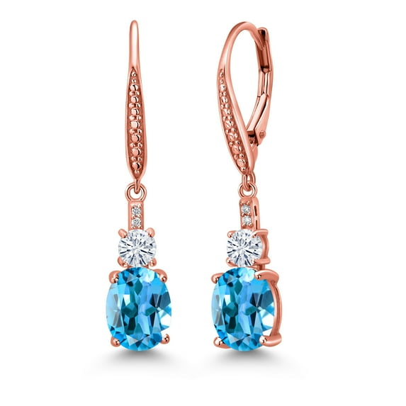Gem Stone King 18K Rose Gold Plated Silver Swiss Blue Topaz and White Moissanite Dangle Earrings for Women with Lab Grown Diamond (4.99 Cttw, Oval 9X7MM)
