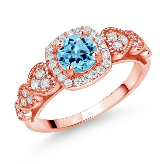 Gem Stone King 18K Rose Gold Plated Silver Swiss Blue Topaz and White Moissanite Engagement Ring for Women (1.38 Cttw, Round 6MM, Gemstone November Birthstone, Size 6)