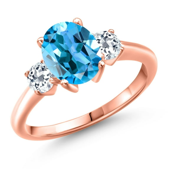 Gem Stone King 18K Rose Gold Plated Silver Swiss Blue Topaz and White Topaz Engagement Ring for Women | 2.91 Cttw | Oval 9X7MM | Gemstone November Birthstone | Size 9