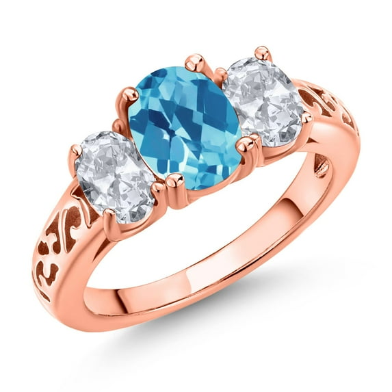 Gem Stone King 18K Rose Gold Plated Silver Swiss Blue Topaz and White Topaz Filigree Style 3 Stone Ring for Women (2.50 Cttw, Oval 8X6MM and 6X4MM) (Size 8)