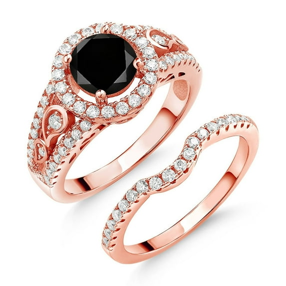 Gem Stone King 18K Rose Gold Plated Silver Wedding Engagement Ring for Women Band Bridal Set Round Black Diamond and Moissanite | 1.84 Cttw | Round 6.5MM | Size 7