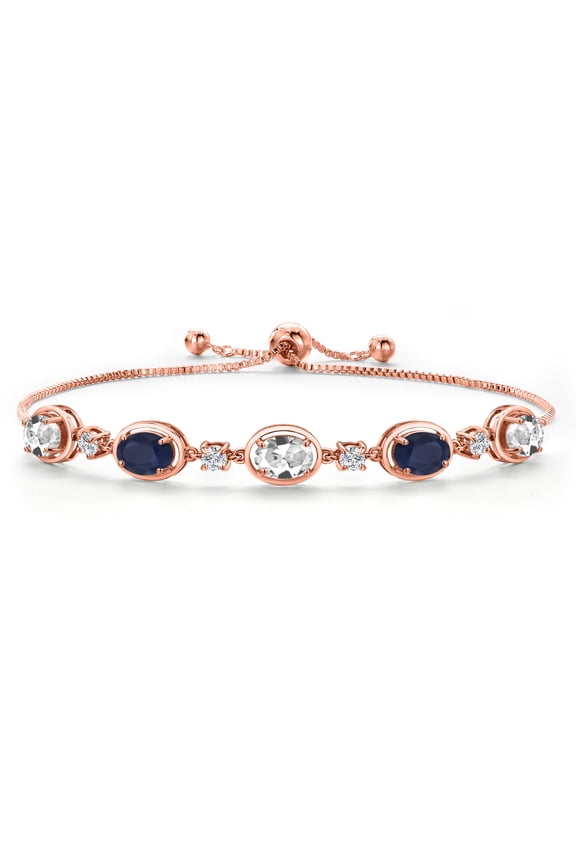 18K Rose Gold Plated Silver White Created Sapphire and Blue Sapphire Bracelet for Women | 5.00 Cttw | Gemstone September Birthstone | Oval 7X5MM | Fully Adjustable 9 inch
