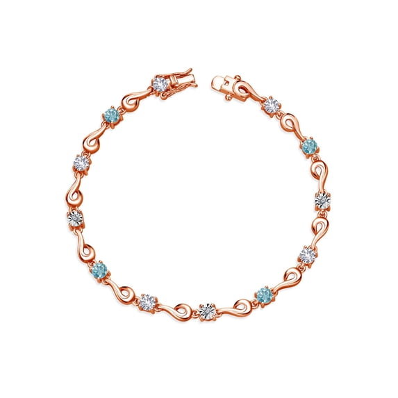 Gem Stone King 18K Rose Gold Plated Silver White Created Sapphire and Blue Zircon and White Lab Grown Diamond Bracelet for Women (3.27 Cttw, Gemstone September Birthstone, Round 4MM, 7 inch)