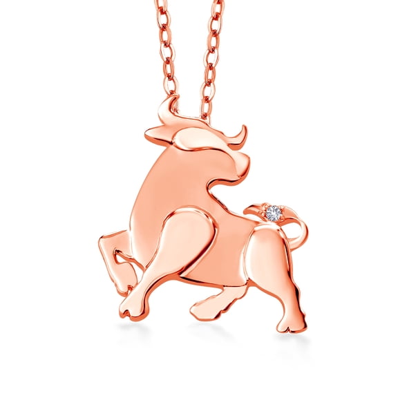 Gem Stone King 18K Rose Gold Plated Silver White Created Sapphire Ox Pendant Necklace for Women By Keren Hanan with 18 inch Chain