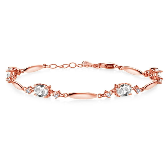 Gem Stone King 18K Rose Gold Plated Silver White Created Sapphire Tennis Bracelet for Women | 4.32 Cttw | Gemstone September Birthstone | Oval 7X5MM | 6 inch + 1 inch Extender