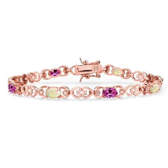 Gem Stone King 18K Rose Gold Plated Silver White Ethiopian Opal and Pink Created Sapphire and Lab Grown Diamond Bracelet for Women | 3.29 Cttw | Gemstone October Birthstone | Oval Cabochon 6X4MM